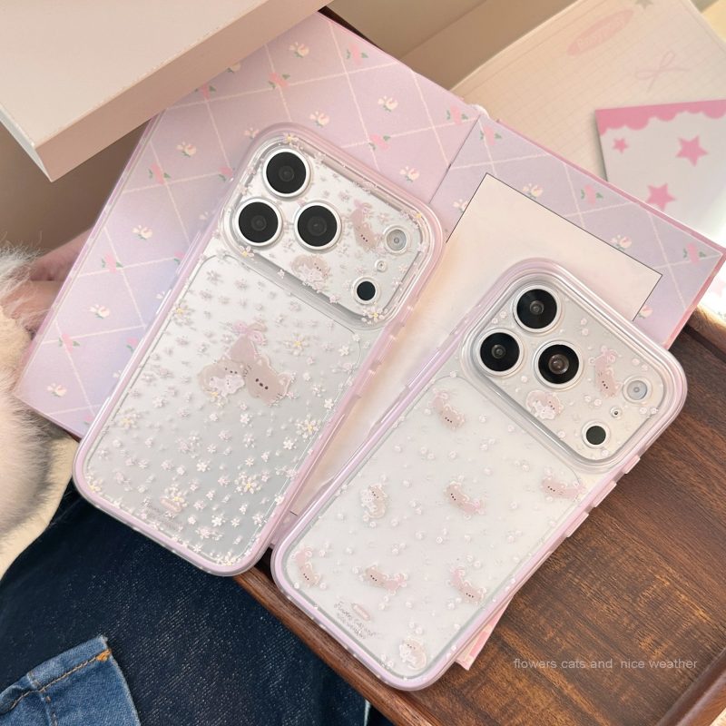 Cute Purple Floral Cat Phone Case for iPhone 18 Pro Max 17 16 15 Series, Matte Finish, Large Camera Cutout, Aesthetic Cartoon Protective Cover-Siyaora